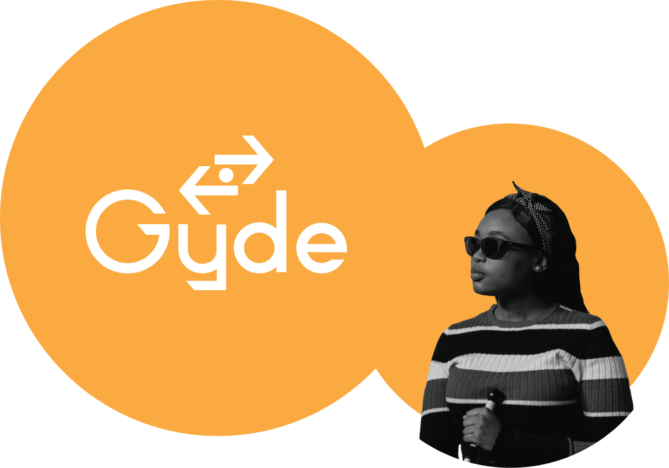 The yellow Gyde logo with the user, in this case a visually impaired woman, in the lower righthand corner.